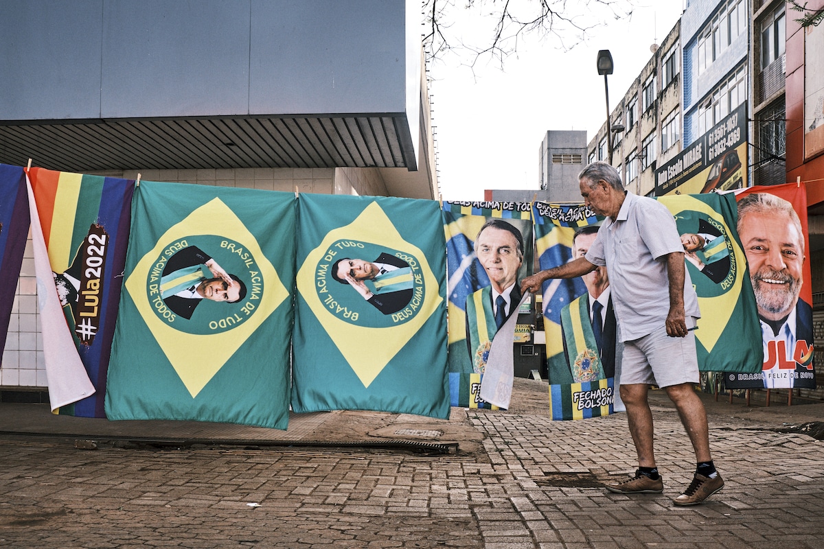 A street stall selling flags of Brazilian presidential candidates Luis Inacio Lula da Silva and Jair Bolsonaro