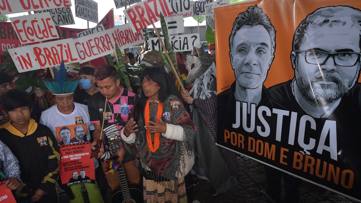 Guarani Indigenous people and environmental activists protest the murder of British journalist Dom Phillips and Indigenous expert Bruno Pereira in the Amazon rainforest