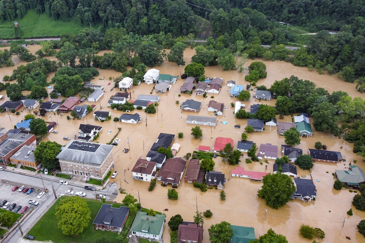 Aerial view of homes submerged under flood waters in Jackson, Kentucky,