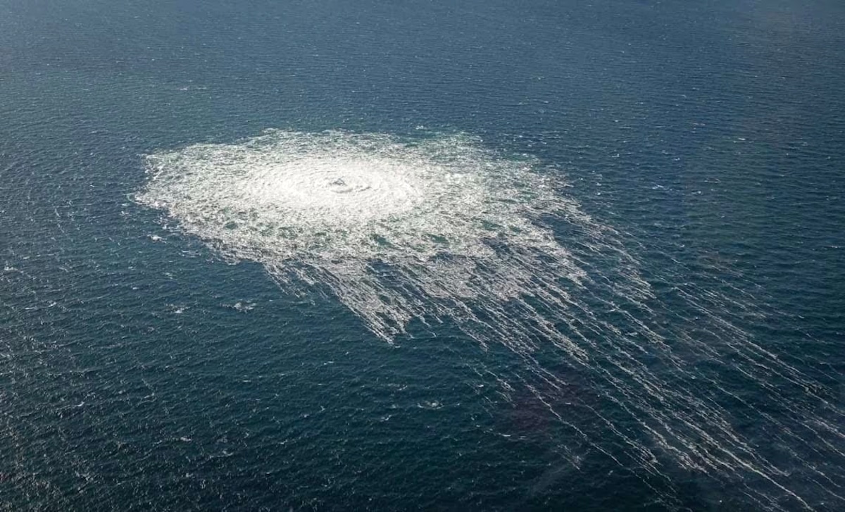 Aerial view of gas leaking into the Baltic Sea from the Nord Stream 2 offshore pipeline