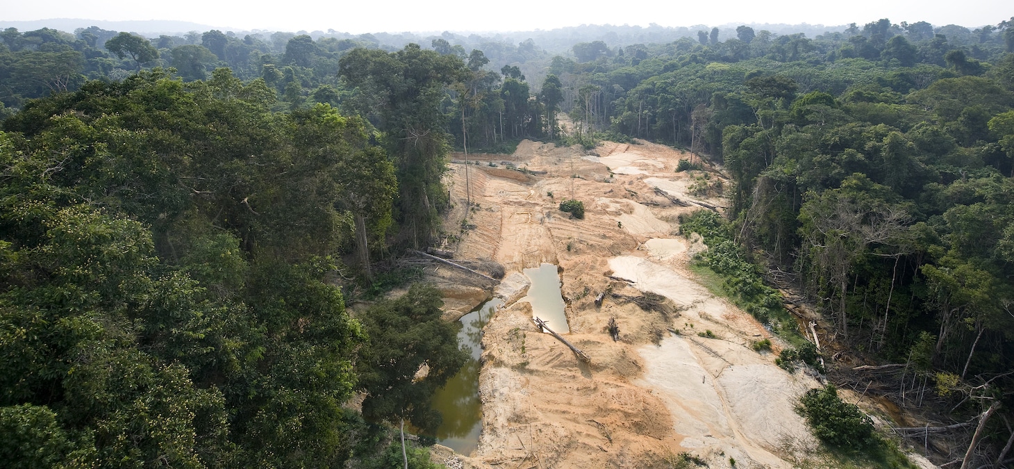 Aerial view of an area in the Brazilian rainforest devastated by illegal gold mining