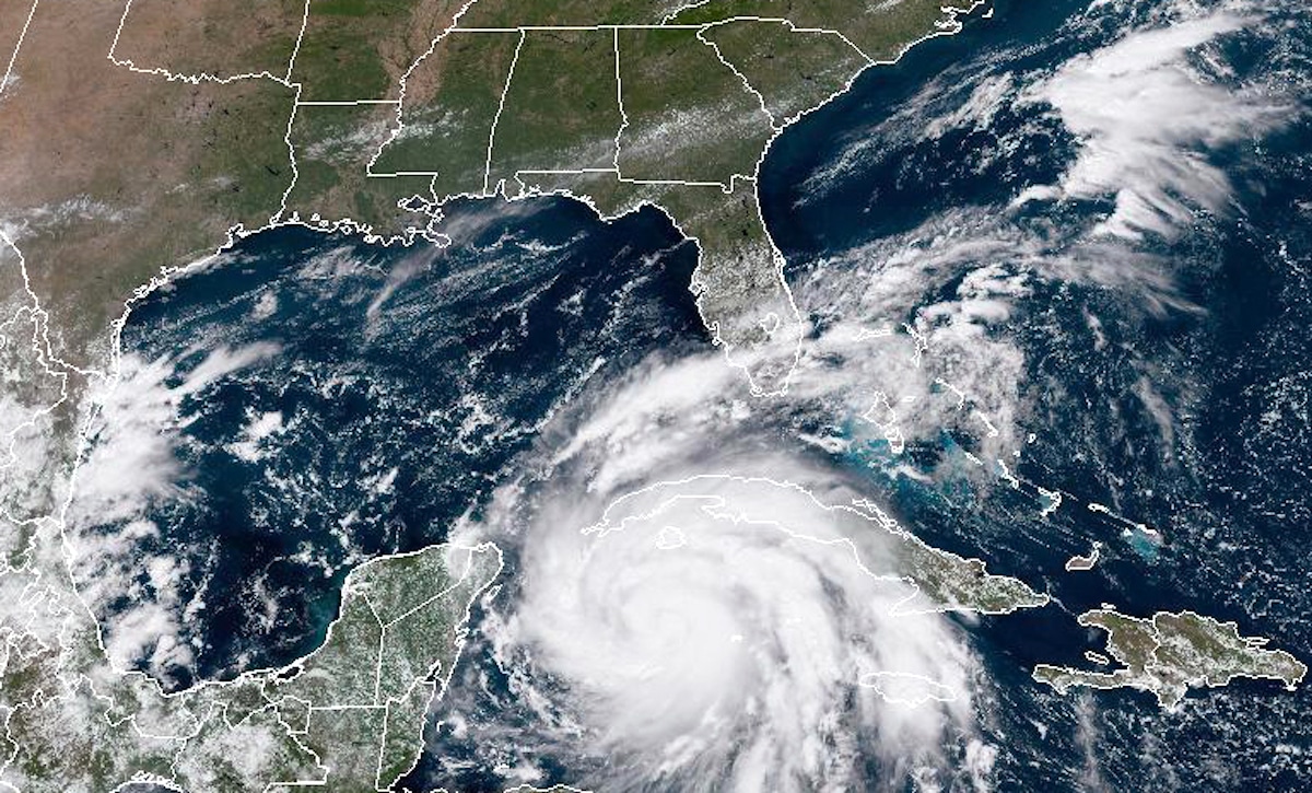 A satellite image shows Hurricane Ian as it moves toward western Cuba on Sept. 26, 2022 in the Caribbean Sea