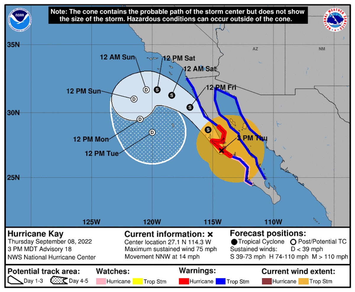 The predicted path of Hurricane Kay
