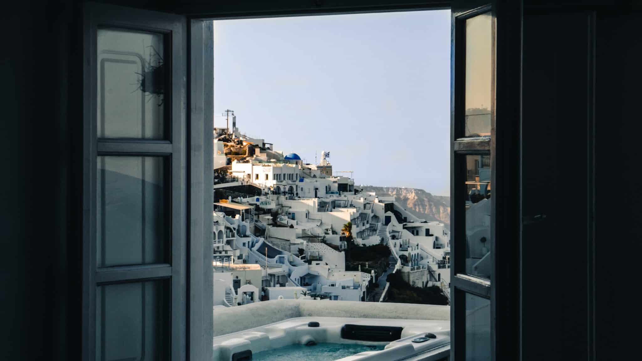 Open casement window overlooking Greece