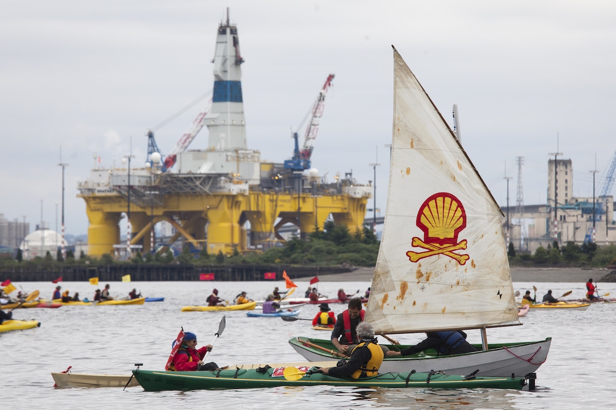 Activists on kayaks in Puget Sound, Washington demonstrate in 2015 against Shell’s Arctic drilling plans