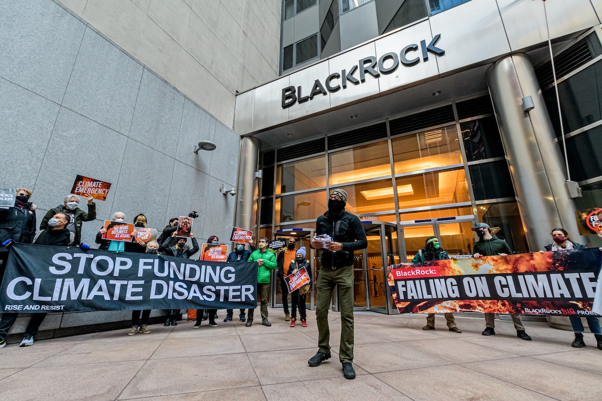 Climate activists in midtown Manhattan at BlackRock’s headquarters