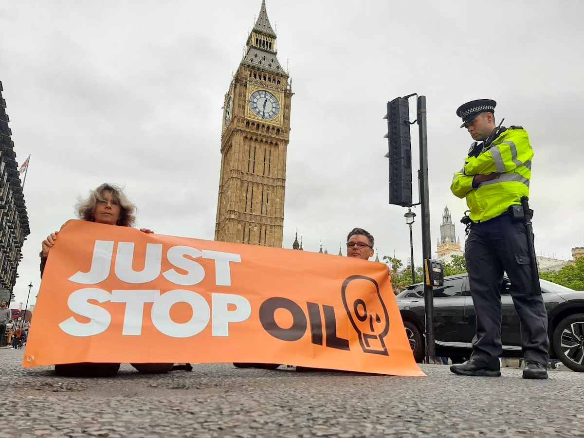 Protesters with the Just Stop Oil coalition in the UK call for no new oil and gas infrastructure in Westminster, London