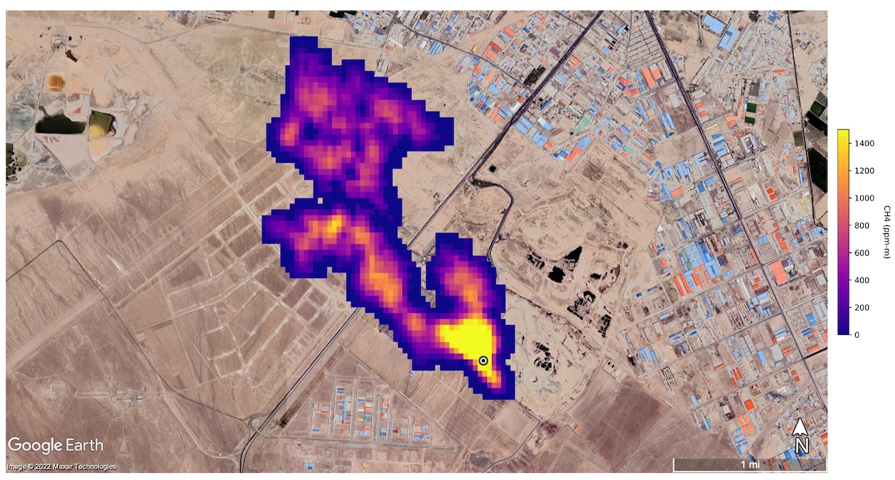 A NASA image of a methane plume at least 3 miles long south of Tehran, Iran