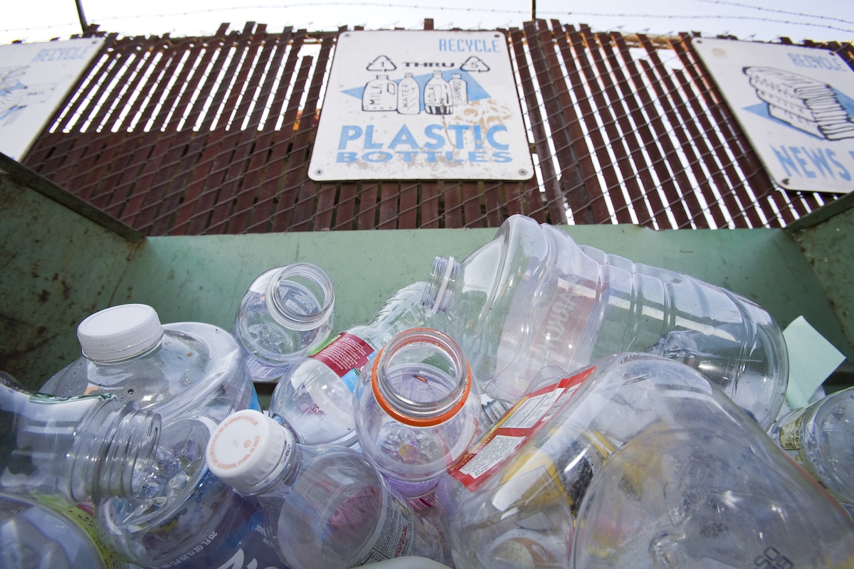 Plastic bottles in a recycling bin in Santa Monica, Los Angeles, California