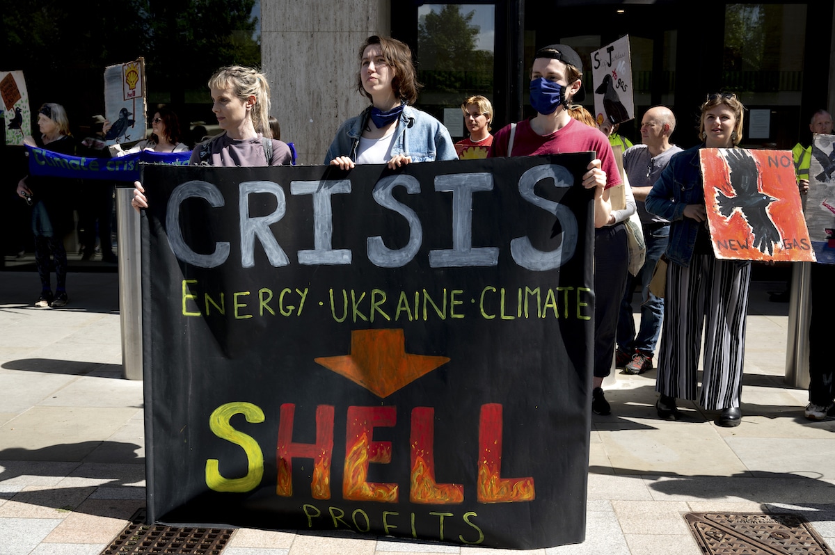 Climate activists protest outside the Shell headquarters in London