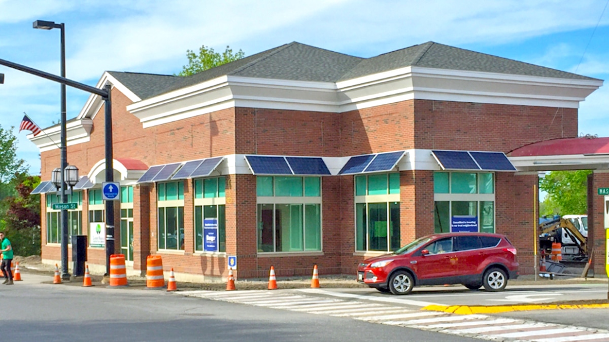 Solar panels installed on a commercial building for Bangor Savings Bank in Brunswick, Maine