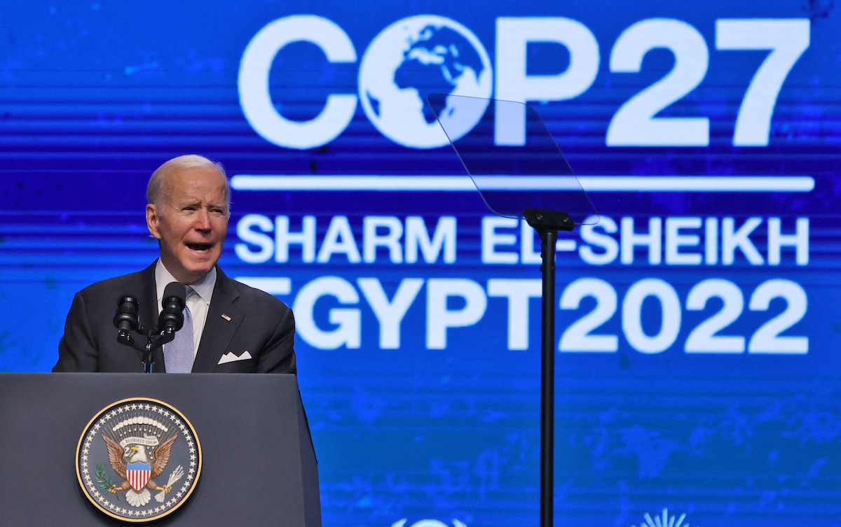 U.S. President Joe Biden delivers a speech during the COP27 climate conference in Egypt