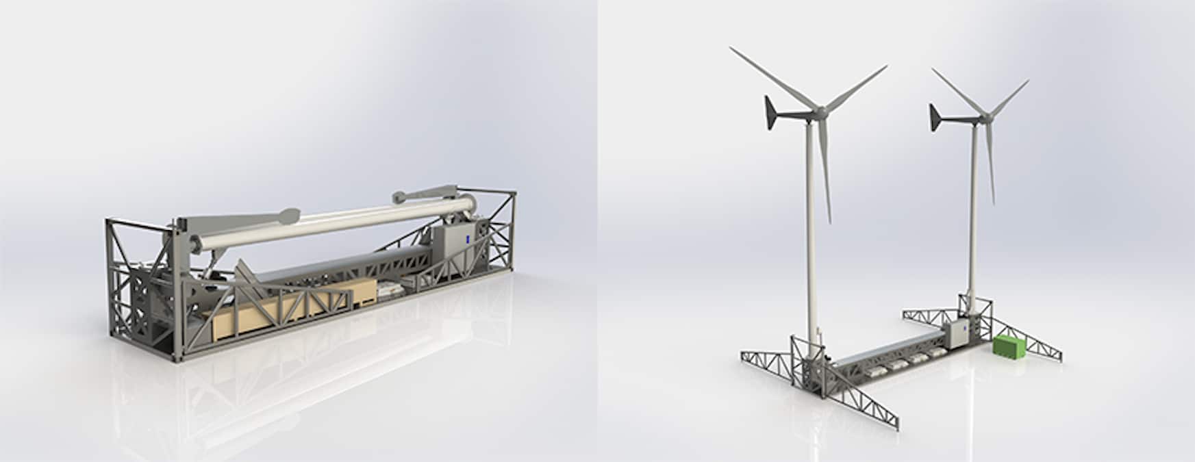 An illustration of a rapidly deployable wind energy system, shown on the left in its shipping configuration and on the right as it would be deployed on location