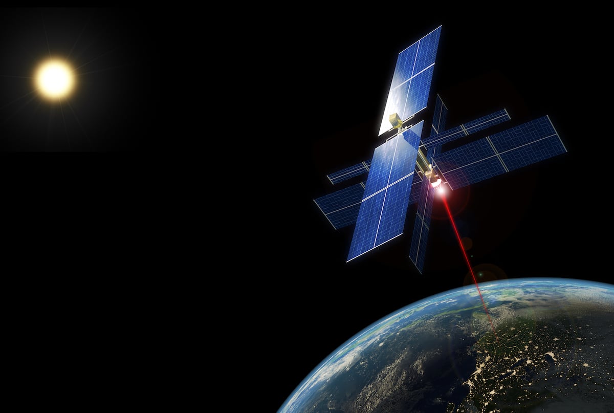 An illustration of solar power transmitted from an orbiting satellite