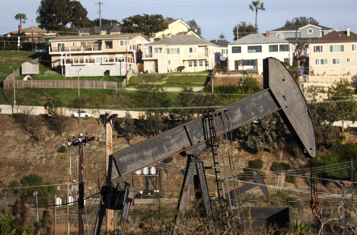 An oil pumpjack operates in the Inglewood Oil Field in Los Angeles, California