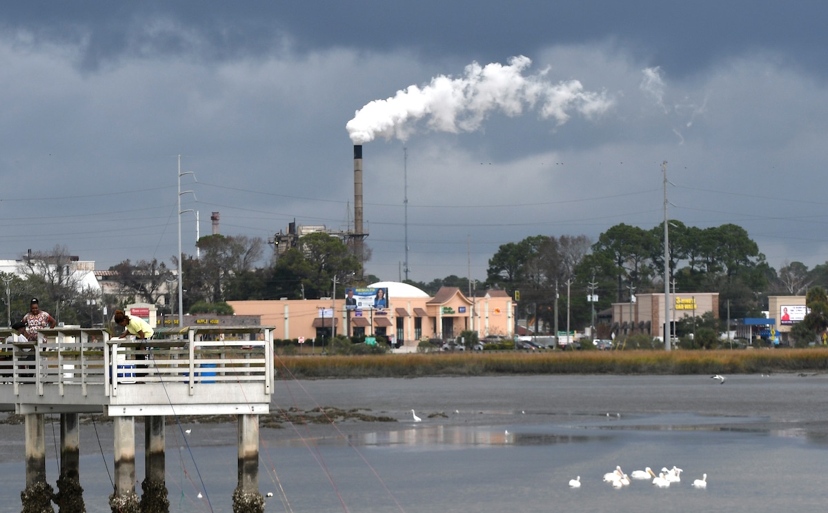 A billowing smokestack at a plastic resin manufacturing plant in Brunswick, Georgia