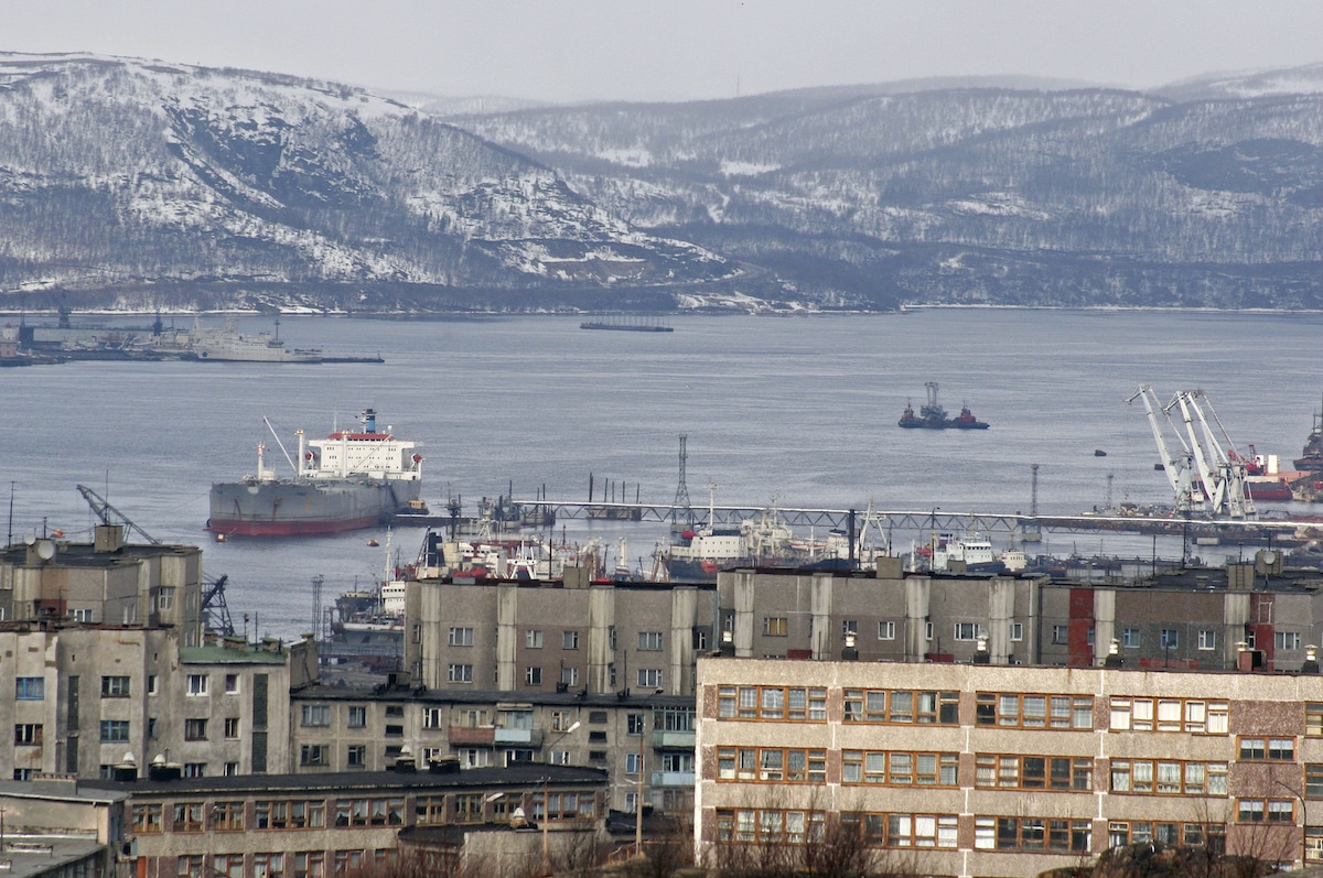 A Russian oil tanker by the loading terminal for fuel oil exports at Murmansk in Russian Arctic