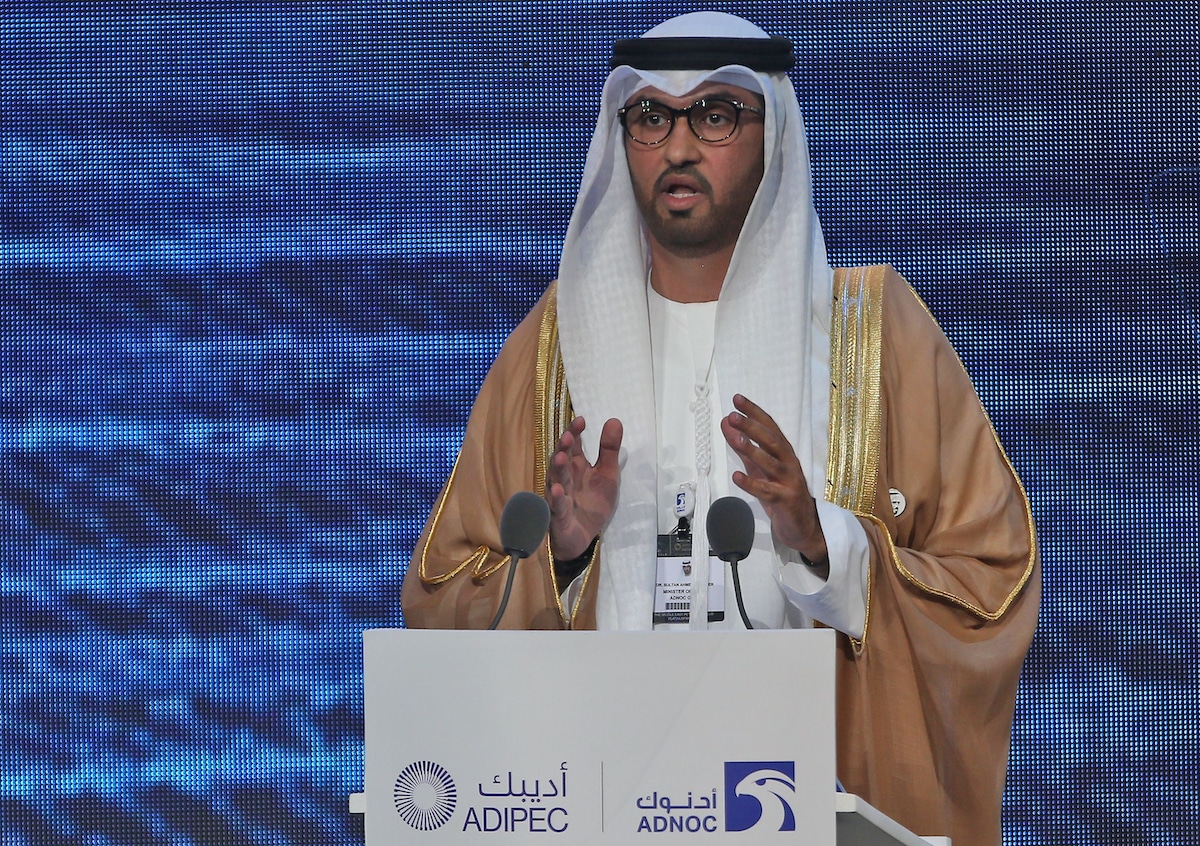 UAE's Minister of State and CEO of the Abu Dhabi National Oil Company (ADNOC) Sultan Al Jaber speaks during the Abu Dhabi International Petroleum Exhibition and Conference (ADIPEC) in Abu Dhabi in 2019