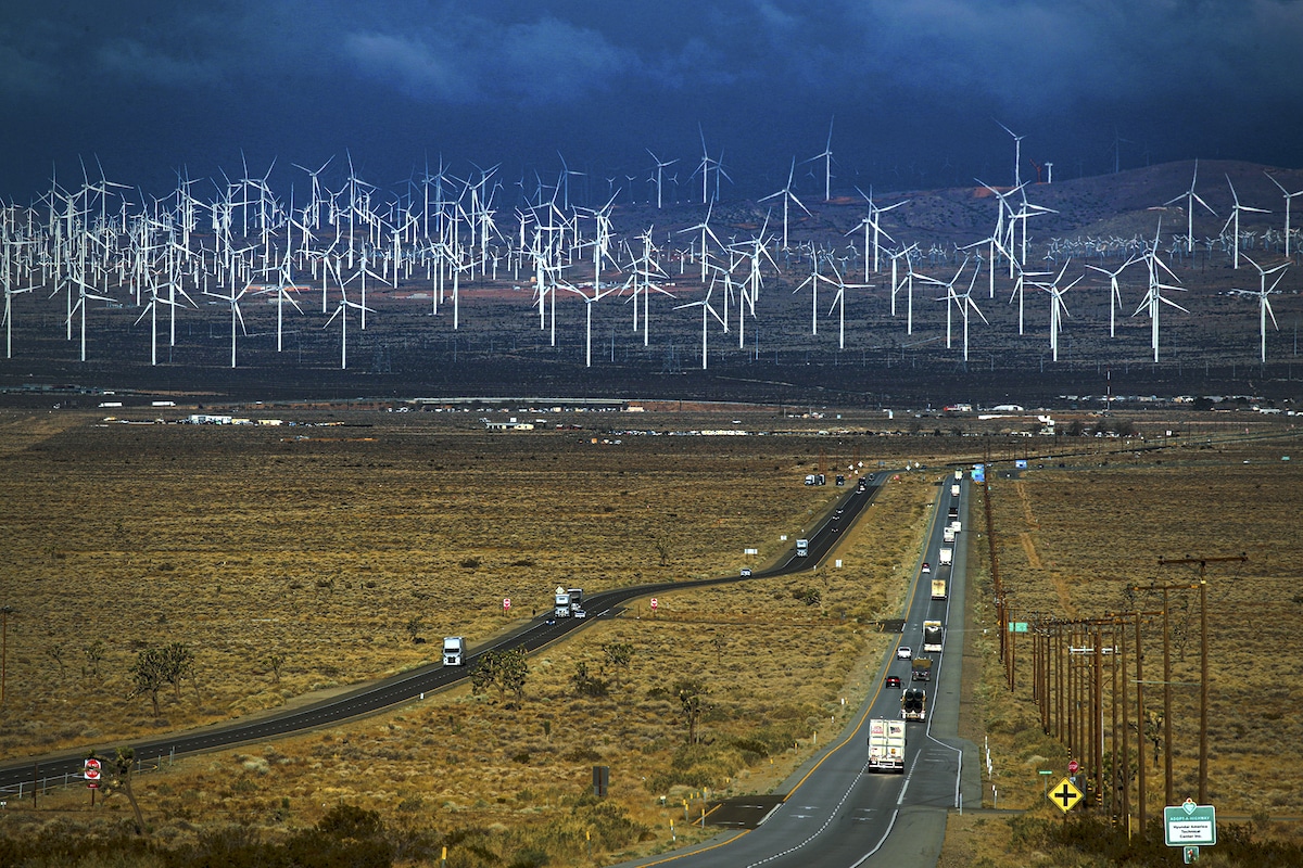Wind turbines viewed from Highway 58 in Mojave, California