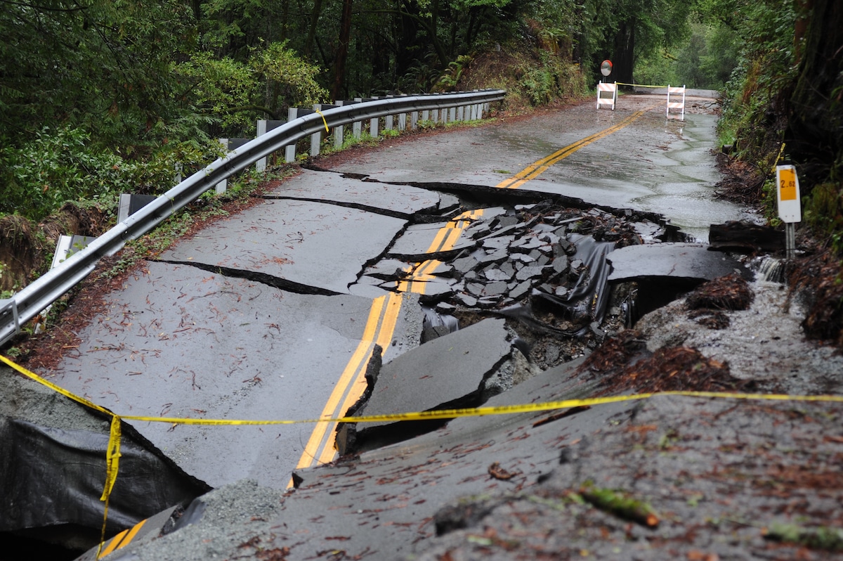 Damage on the road after storm and heavy rain in the Santa Cruz Mountains above Silicon Valley in Scotts Valley, California