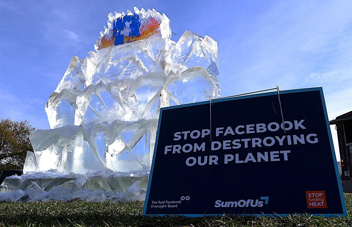 A protest against climate misinformation on Facebook in Washington, DC