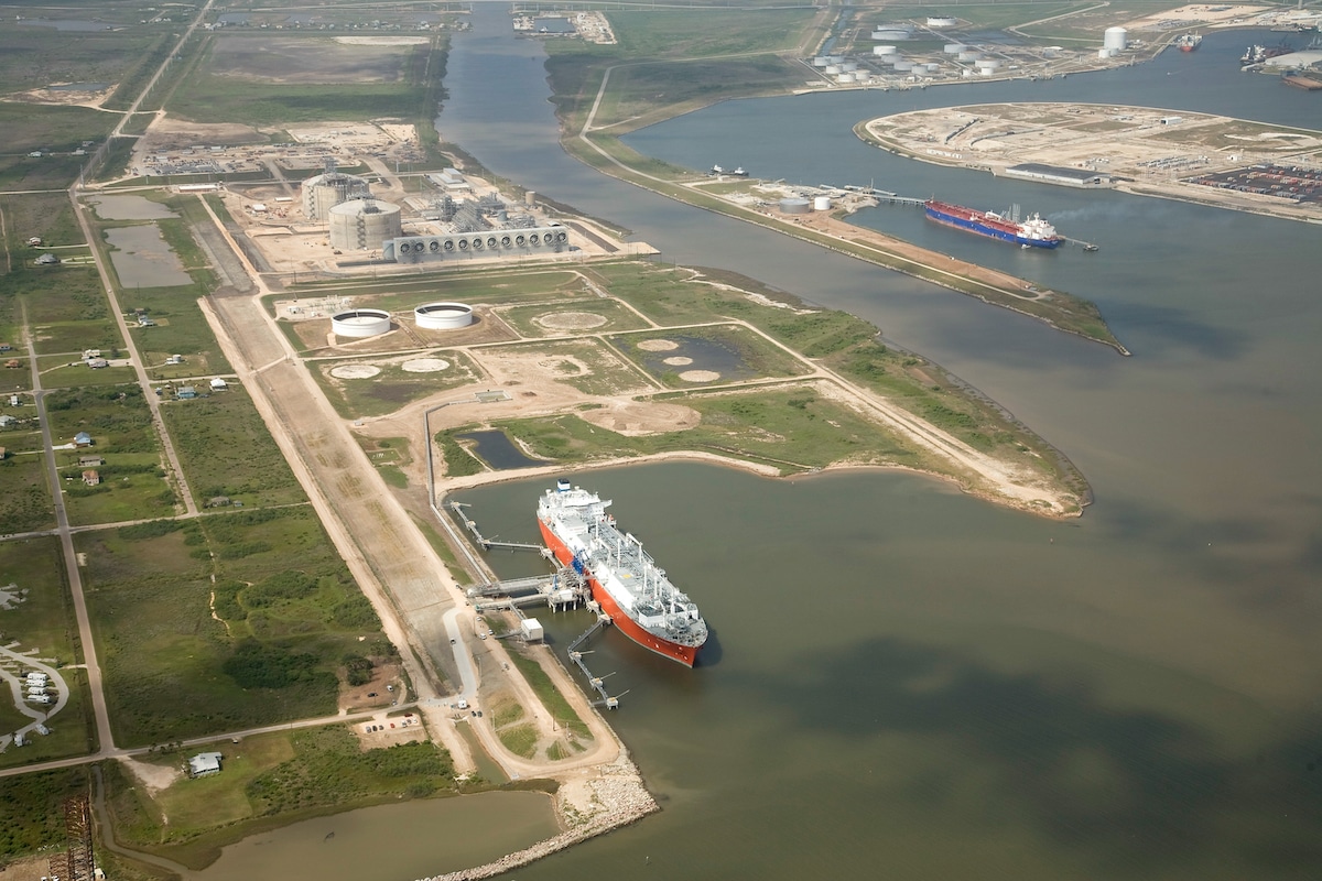 An aerial view of the Excelsior ship docked at Freeport's LNG terminal in Texas
