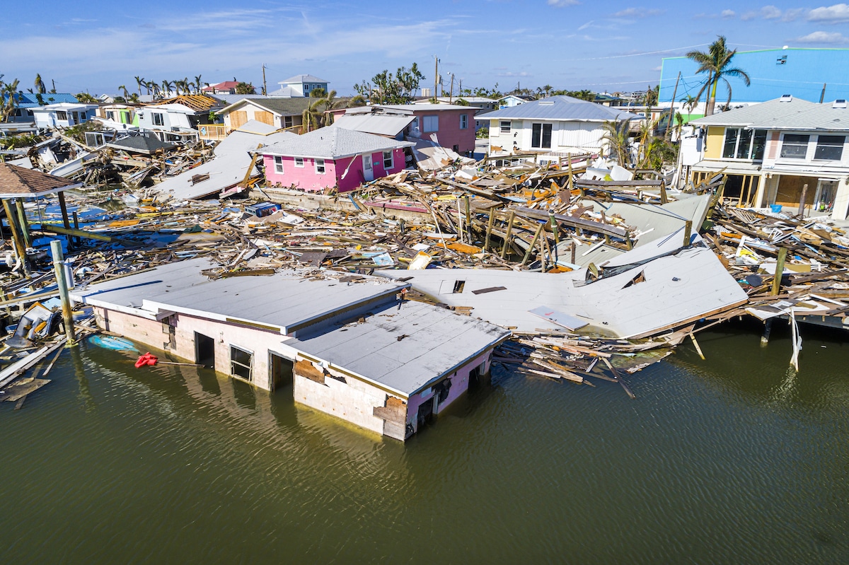 An aerial view of damaged property in Fort Myers Beach, Florida after Hurricane Ian