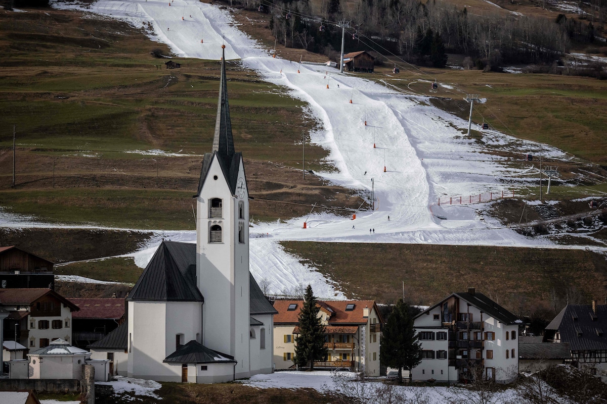 A Swiss ski slope covered with artificial snow