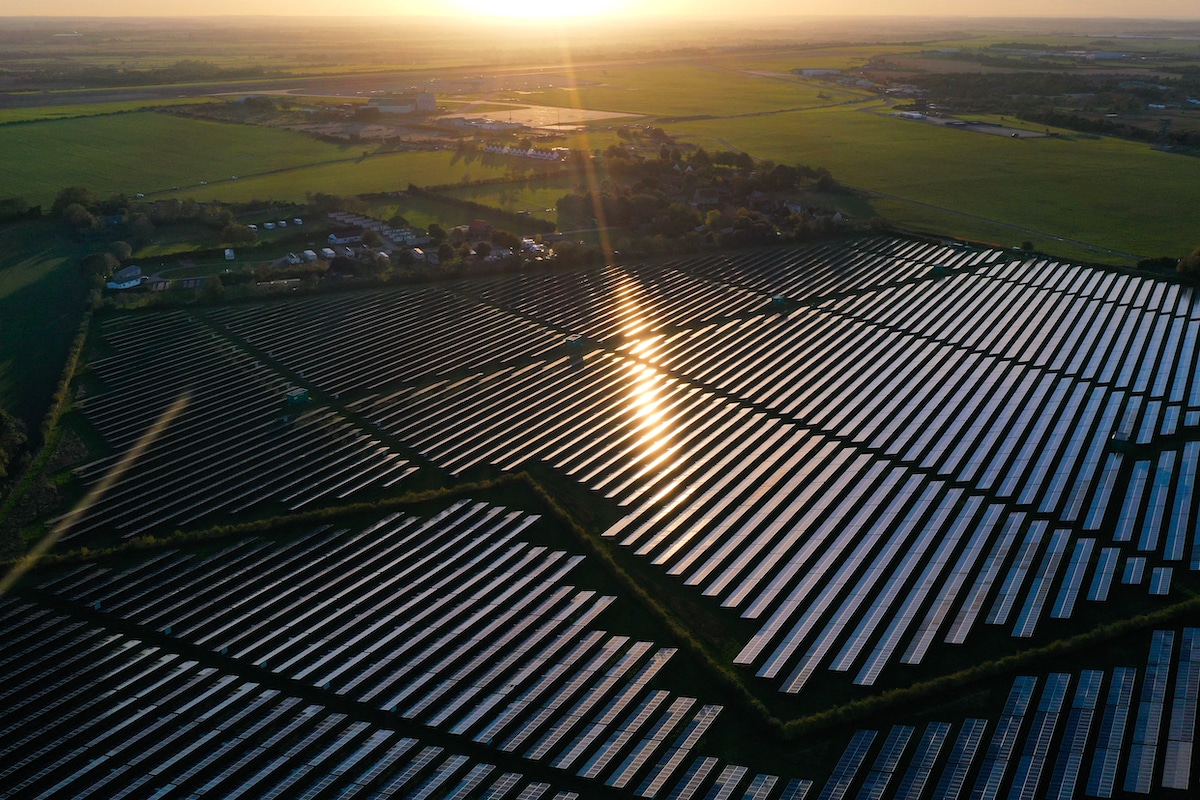 An overhead view of photovoltaic (PV) solar panels at the Manston Solar Farm in southeast England