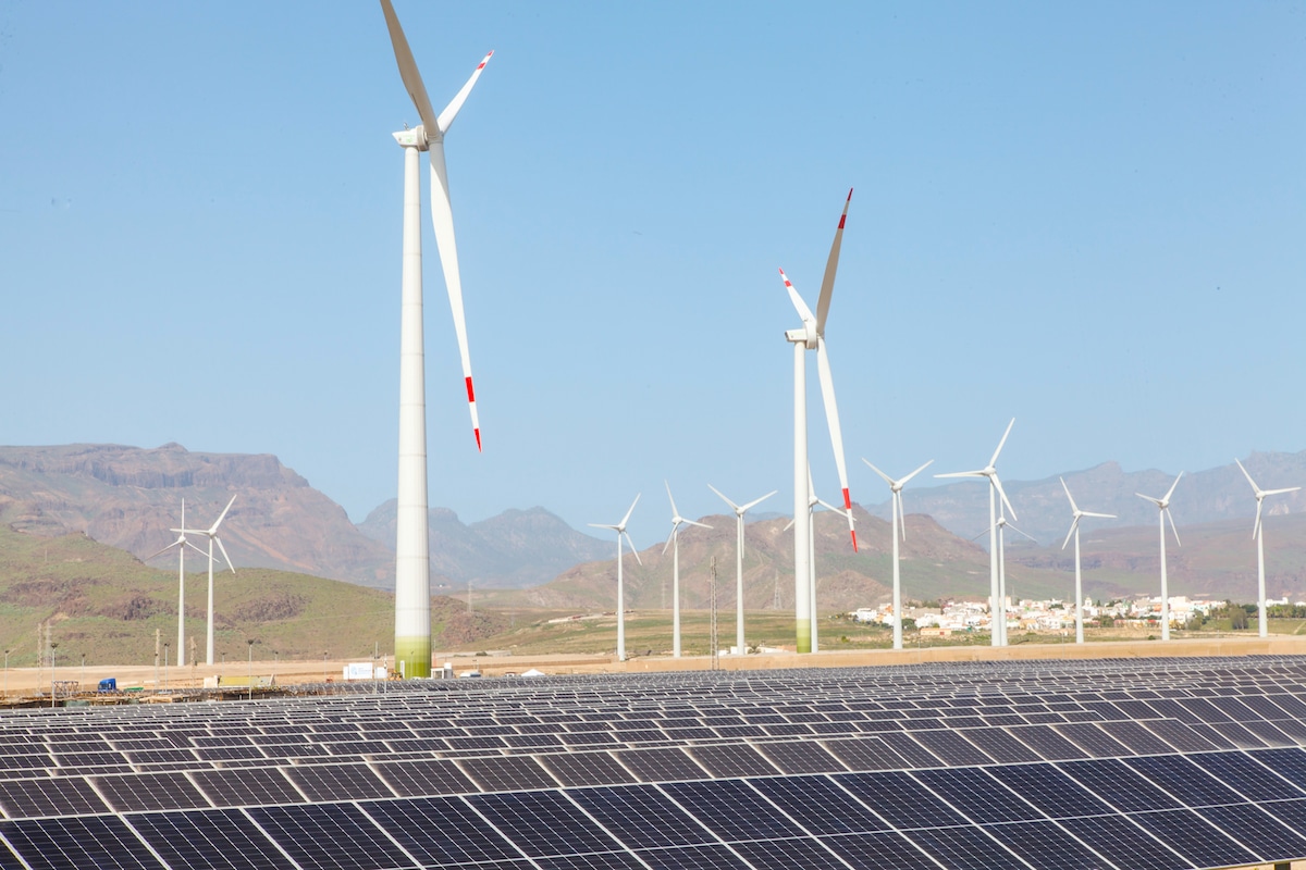 Wind turbines and solar panels at the inauguration of the largest renewable energy generation complex in the Canary Islands