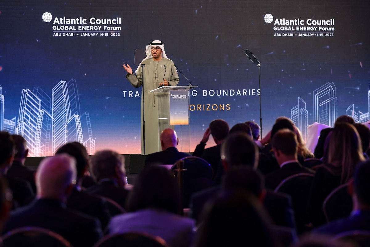 United Arab Emirates' Minister of State and CEO of the Abu Dhabi National Oil Company Sultan Ahmed al-Jaber addresses the public at the Atlantic Council Global Energy Forum in Abu Dhabi