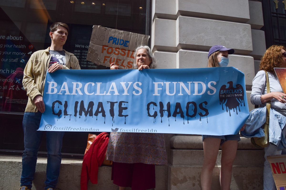 Protesters outside a Barclays bank in London called for the bank to stop financing fossil fuel projects