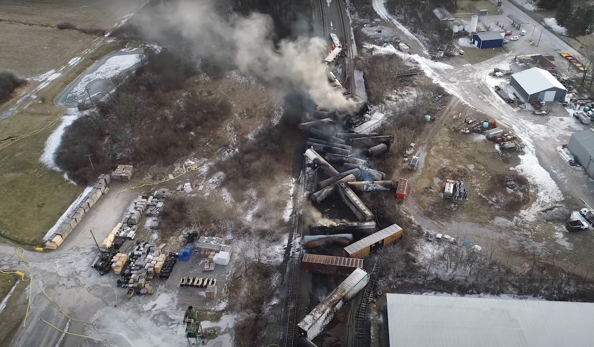 A video screenshot released by the U.S. National Transportation Safety Board shows the site of a derailed freight train in East Palestine, Ohio