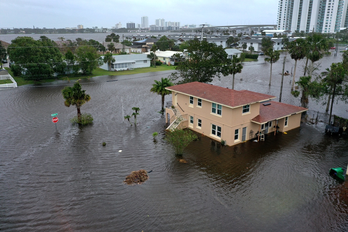 Flooding surrounds buildings in Daytona Beach, Florida after Hurricane Nicole