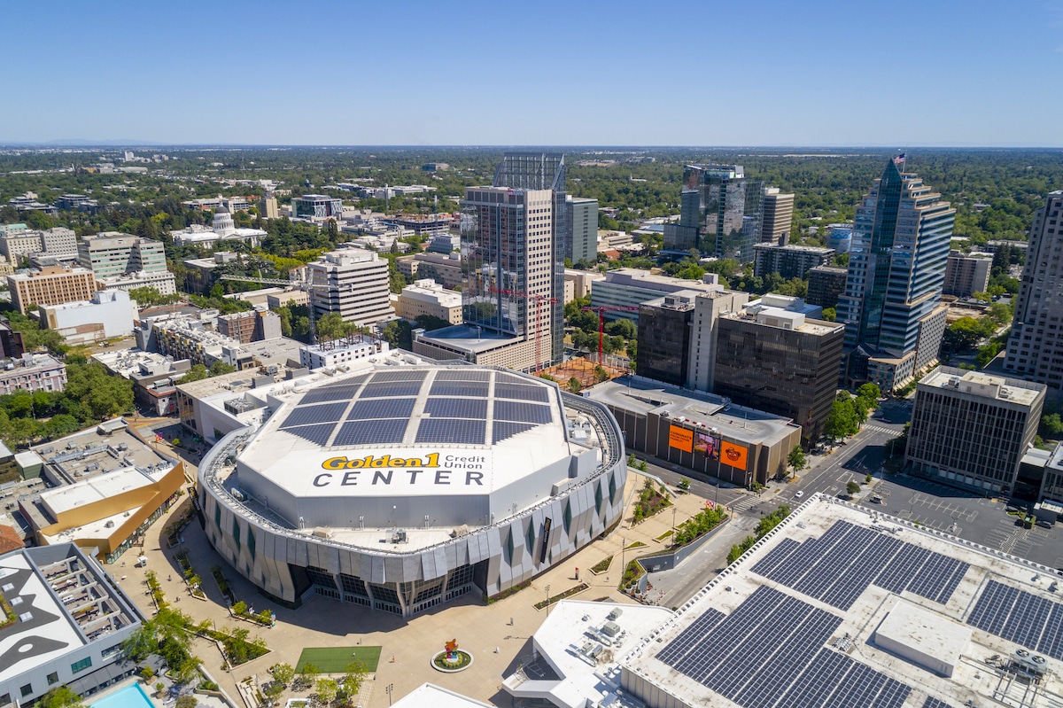 Downtown aerial view of the Golden 1 Center, home of the Sacramento Kings basketball team
