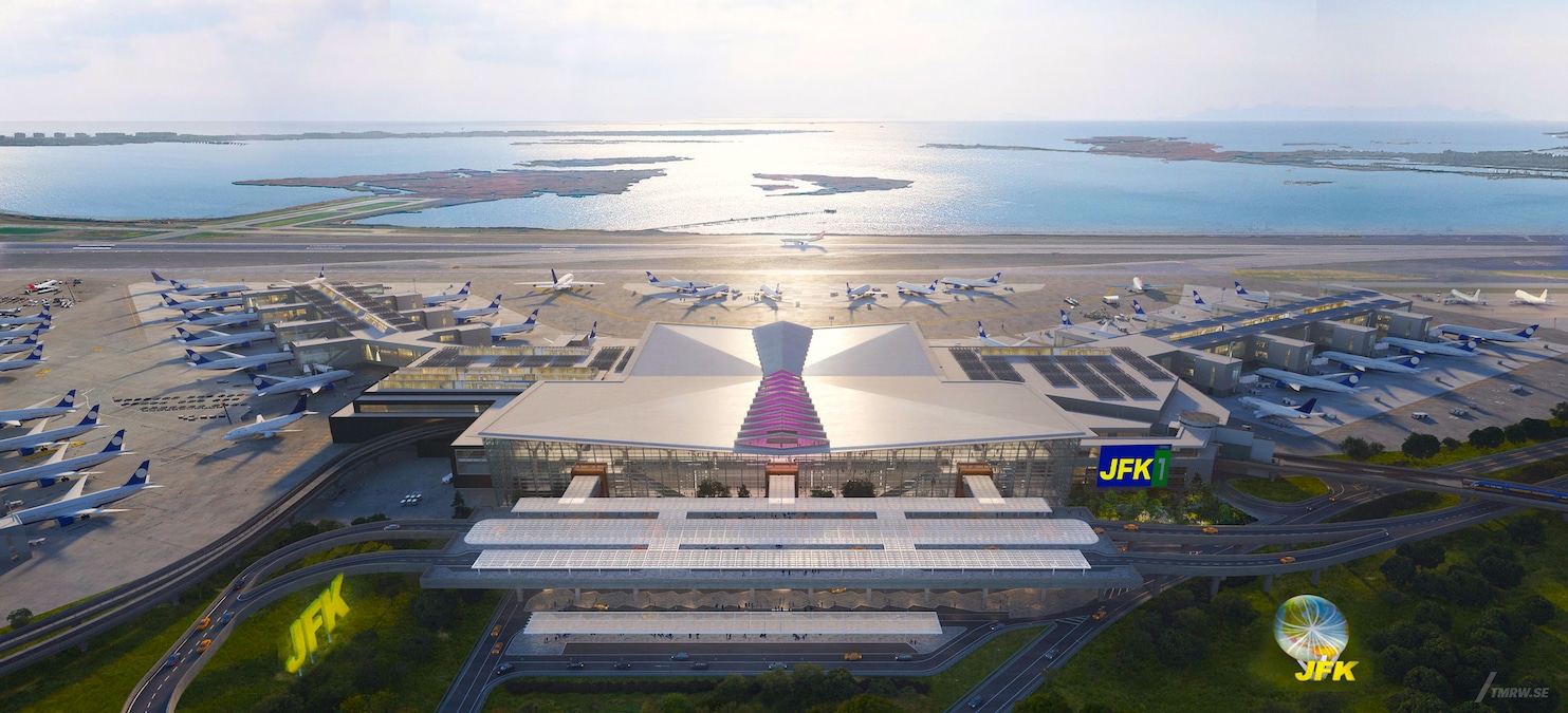 A rendering of the new JFK Airport Terminal 1 with solar panels