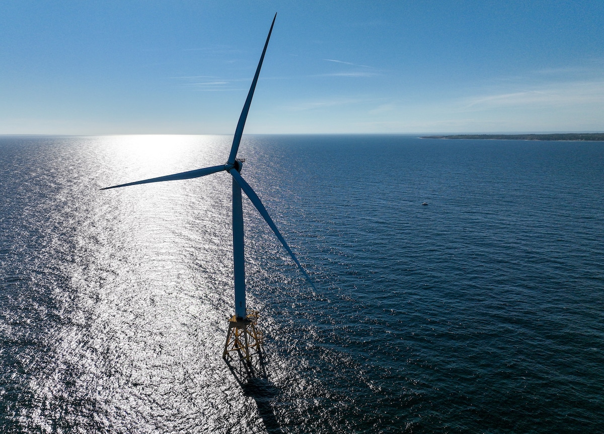 An offshore wind turbine generates electricity at the Block Island Wind Farm