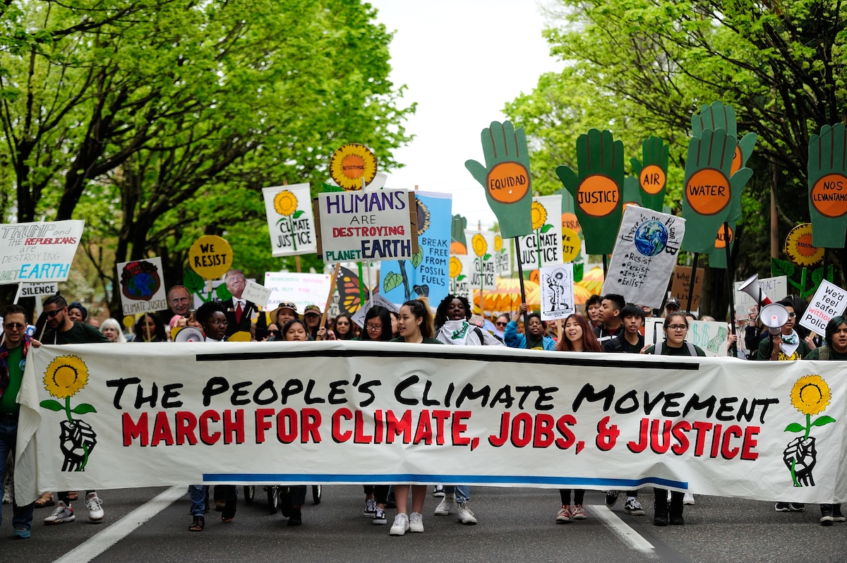 Protesters take part in the People's Climate March in Portland, Oregon in 2017