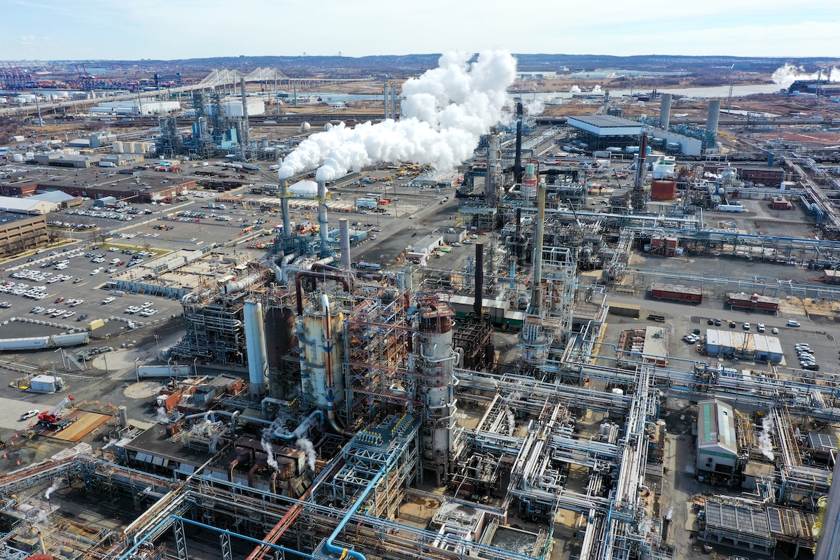 An aerial view of the Phillips 66 oil refinery in Linden, New Jersey