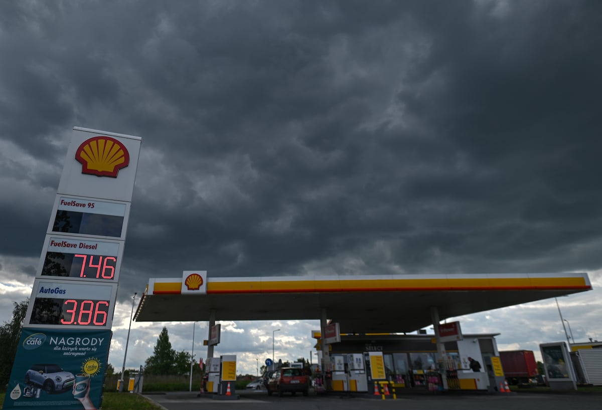 A Shell gas station and dark cloudy sky in Krakow, Poland