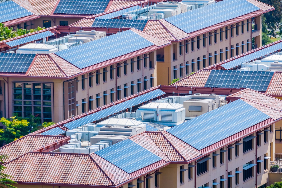 Solar panels installed on the rooftops of buildings in San Francisco, California