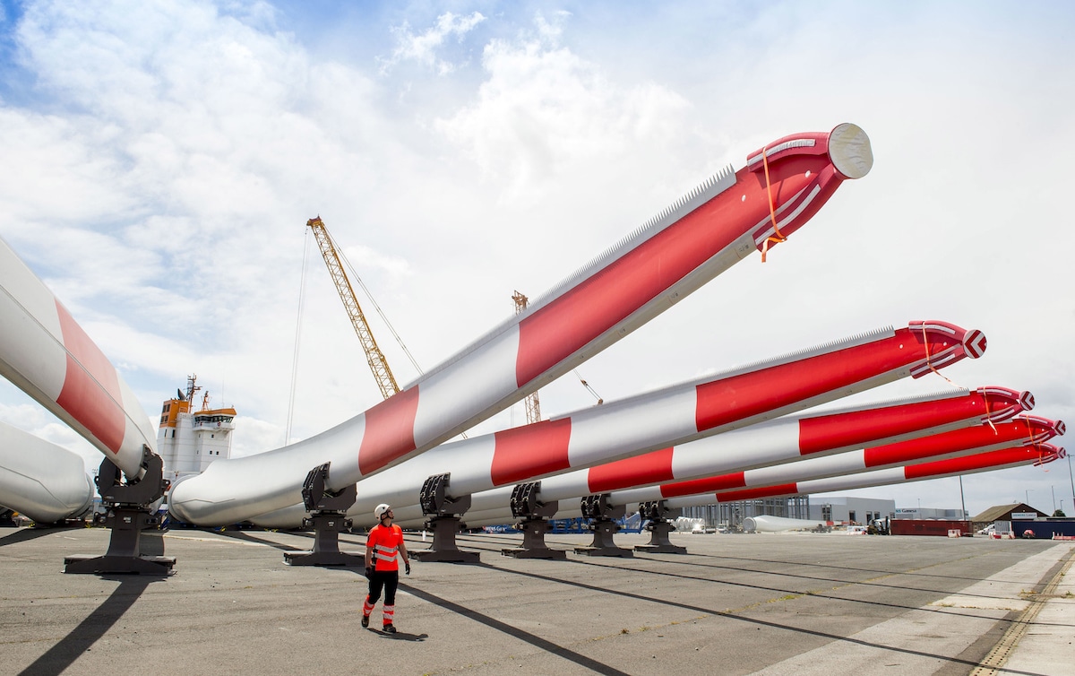 Recyclable wind turbine blades being transported