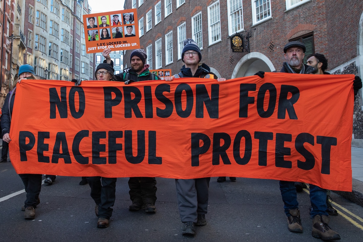 Just Stop Oil climate activists and supporters march in London in solidarity with friends and loved ones serving prison sentences for their part in peaceful climate protests