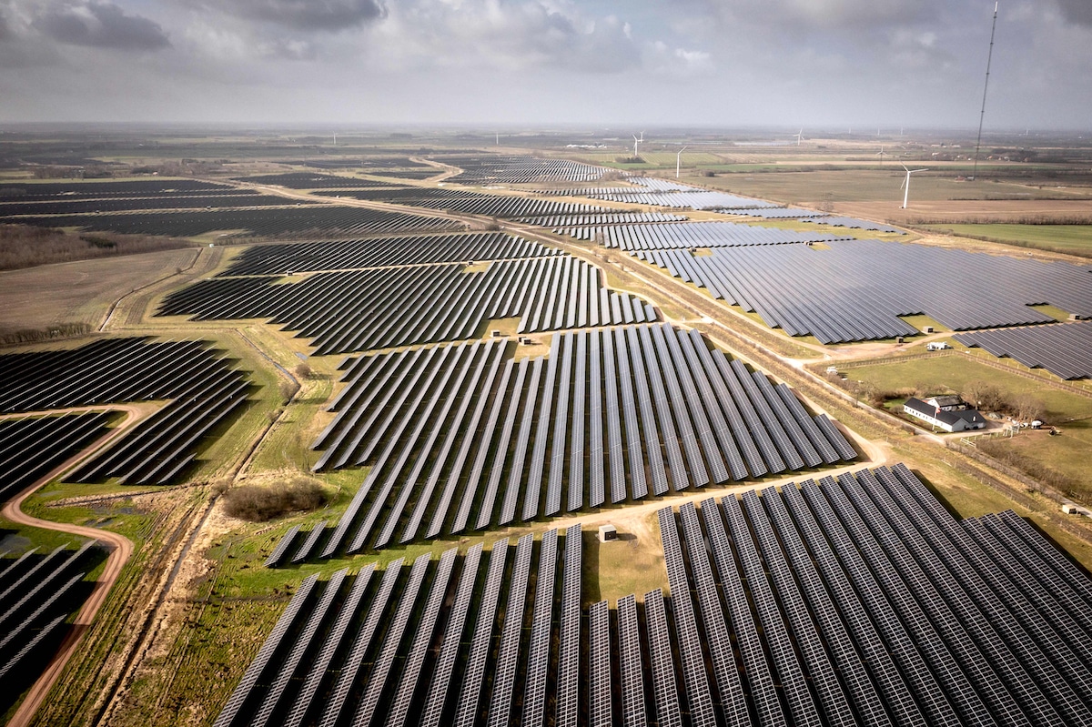 An aerial view of solar installations surrounding the village of Hjolderup in Denmark