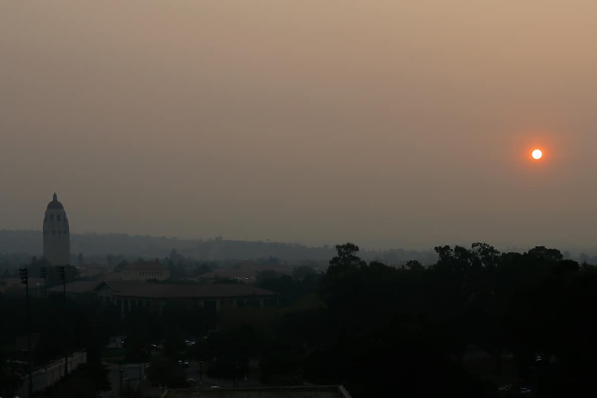 Wildfire smoke from the Camp Fire hangs over the Stanford University campus