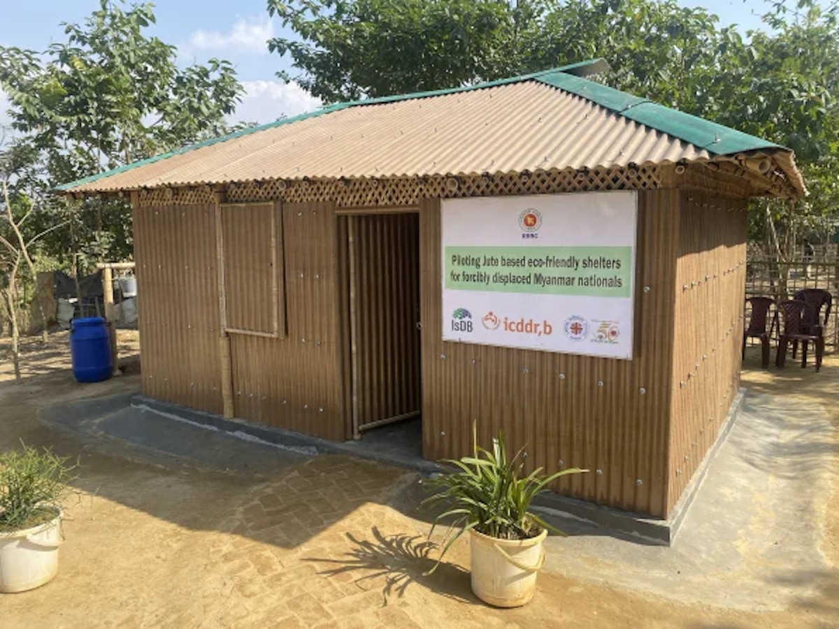 A refugee shelter built with jutin in Bangladesh