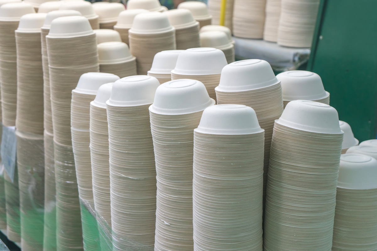 Stacks of food bowls made from bagasse, a plant fiber