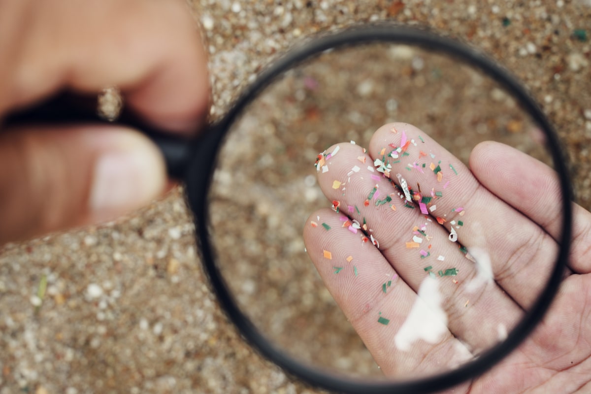 Microplastics in beach sand observed under a magnifying glass