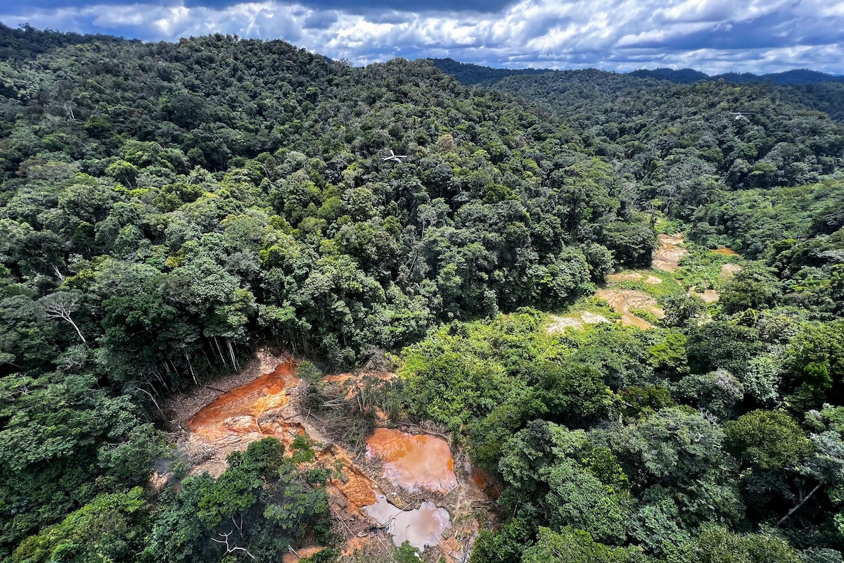 Aerial picture shows an illegal mining camp during an operation by the Brazilian Institute of Environment and Renewable Natural Resources (IBAMA) against Amazon deforestation at the Yanomami territory in Roraima State, Brazil