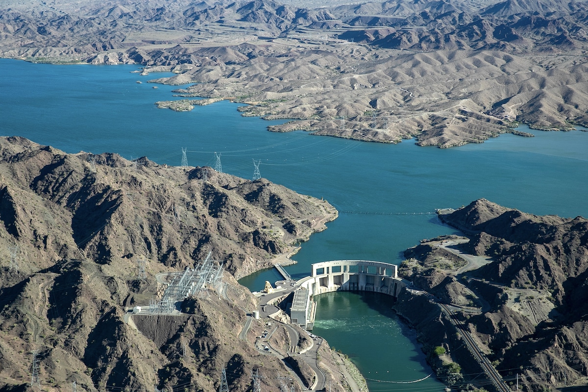 Aerial view of Parker Dam, which spans the Colorado River between Arizona and California and creates Lake Havasu reservoir